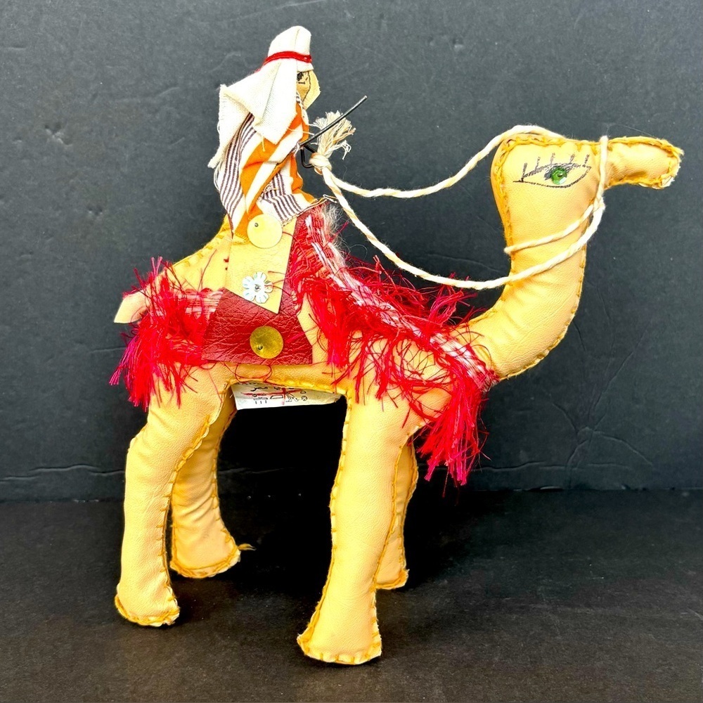 Egyptian Hand Crafted Camel Faux Leather And Fringe Souvenir Decor 10” High.